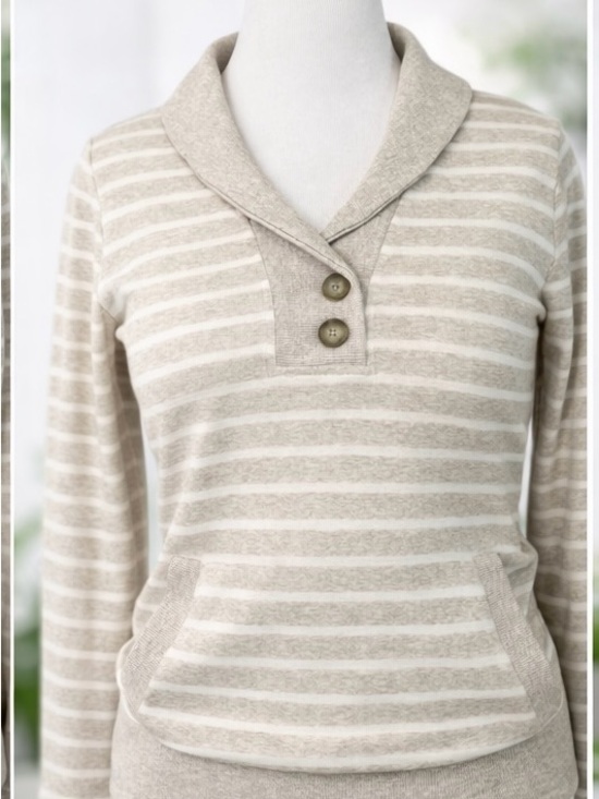 Banana Republic Sweaters - Banana Republic Beige & Cream Striped Shawl-Collar Pullover Sweater